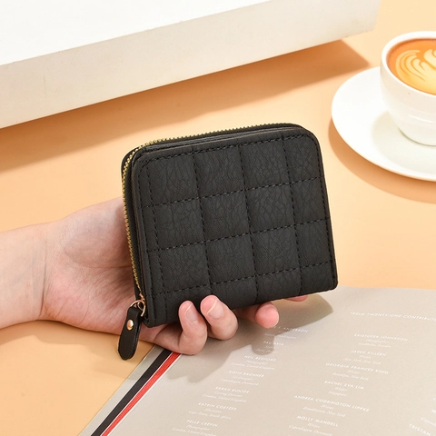 Portefeuille Court Femmes Cuir PU Matelassé Porte-monnaie Fermeture Éclair Emplacements Cartes Pochette Carrée Chic