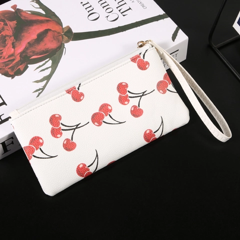 Damen Lange Clutch Geldbörse Litchi-Maserung PU-Leder Handgelenktasche Reißverschluss Obst Erdbeere Kirsche Lippen Print