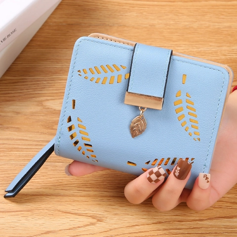 Cartera Mujer Corta Bifold Cuero PU Diseño Hoja Hueca Bolsillo Monedas Cremallera Portatarjetas Elegante