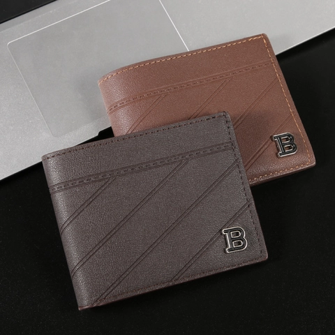 Portefeuille Homme Cuir PU Court Emplacements Cartes Fenêtre ID Style Business Casual Logo Métal B