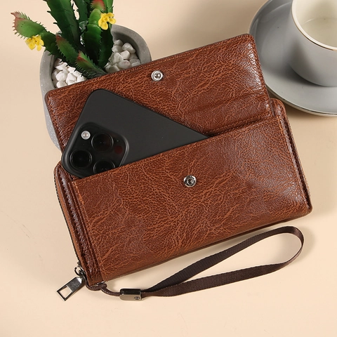 Herren Geldbörse Lang PU Leder Clutch Große Kapazität Viele Kartenfächer Reißverschluss Handytasche Mit Handgelenkschlaufe