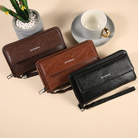 Herren Lange Geldbörse PU Leder Business Clutch Tasche Große Kapazität Reißverschluss Mehrere Kartenfächer Mit Handgelenkschlaufe Retro