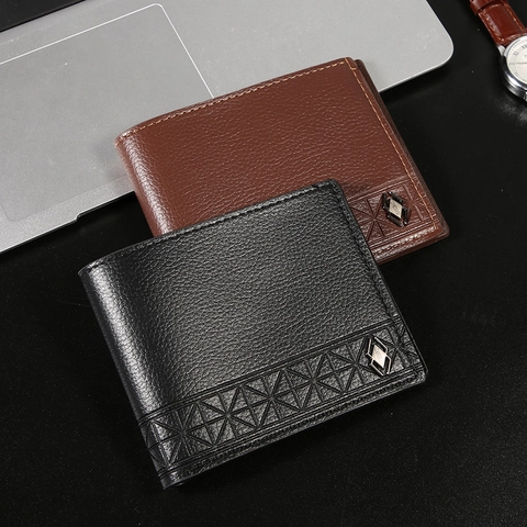 Herren Bifold Brieftasche PU Leder Litschi Muster Geometrische Prägung Kartenfächer Schlank Business Casual Geldbörse