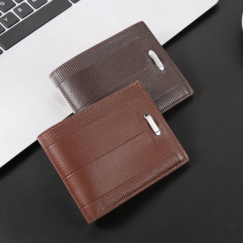Cartera Corta Hombre Bifold Cuero PU Patrón Lichi Múltiples Ranuras Tarjetas Ventana ID Delgada Negocios