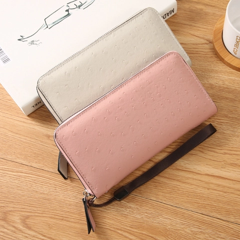 Women Long Wallet Ostrich Pattern PU Leather Zipper Around Large Capacity Clutch Purse With Wristlet Strap Elegant Fashion