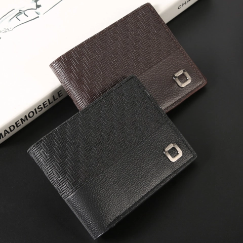 Portefeuille Court pour Hommes en Cuir PU Motif Litchi Texture Tissée Porte-cartes de Visite Avec Logo Métallique