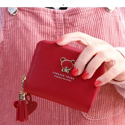 Kleine Kurze Damen Geldbörse Mit Reißverschluss PU Leder Süßer Bär Quaste Hase Anhänger Kartenhalter Münzfach Für Schüler
