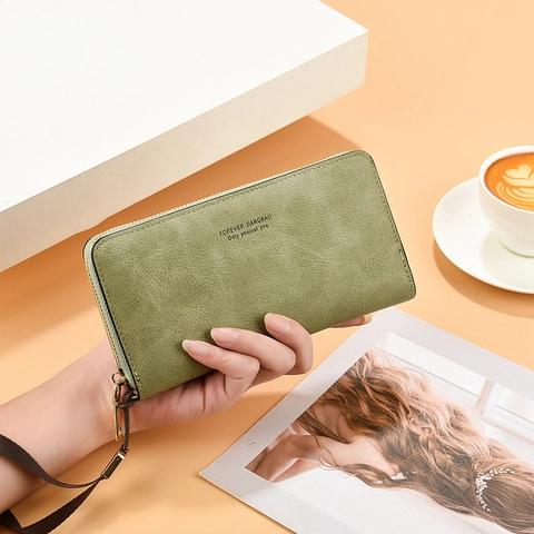 Cartera Larga Mujer Cuero PU Cremallera Múltiples Ranuras Para Tarjetas Bolso De Mano Con Correa De Muñeca