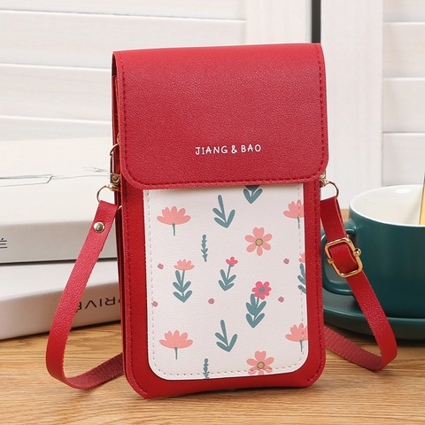 Mini Bolso Bandolera Para Teléfono Mujer Estampado Floral Cuero PU Ventana Táctil Bolso De Hombro Pequeño Con Agujero De Carga