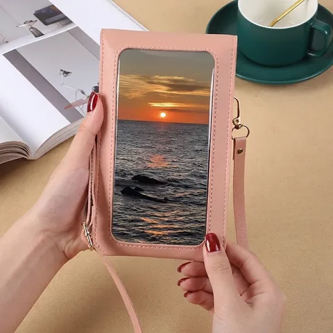 Mini Bolso Bandolera Para Teléfono Mujer Estampado Floral Cuero PU Ventana Táctil Bolso De Hombro Pequeño Con Agujero De Carga