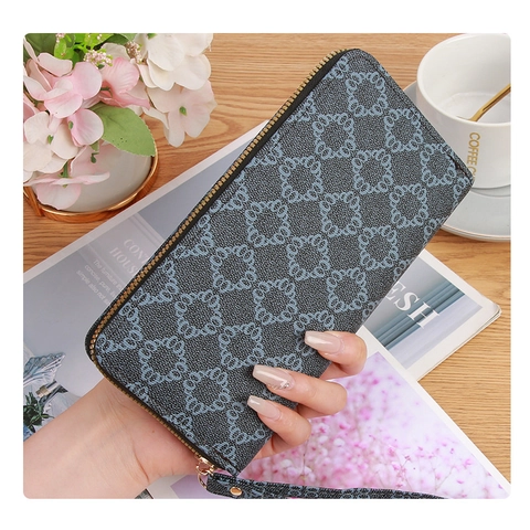 Women Long Zipper Wallet Synthetic Leather Monogram Printed Clutch Bag With Wristlet Multi Card Slots Phone Pocket Vintage