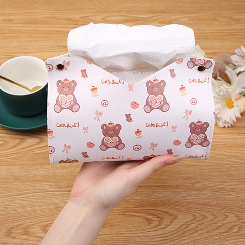 Cartoon Beer PU Leer Tissue Box Cover Opvouwbare Desktop Servethouder Met Drukknop Voor Huis Auto Decoratie