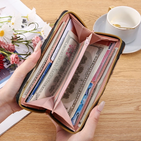 Women Long Wallet Leopard Print PVC Leather Fashion Zip Around Clutch With Wristlet Strap Large Capacity Card Holder
