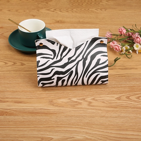 Zebraprint PU Lederen Tissue Box Houder Opvouwbare Servethouder V-Opening Metalen Knopen Huis Auto Decoratie