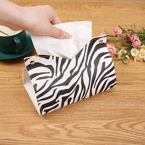 Zebraprint PU Lederen Tissue Box Houder Opvouwbare Servethouder V-Opening Metalen Knopen Huis Auto Decoratie