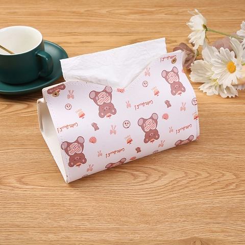 Housse De Boîte À Mouchoirs En Cuir PU À Motif D'ours De Dessin Animé Mignon Porte-mouchoirs De Bureau Pliable Avec Bouton En Métal Pour La Décoration De Bureau De Voiture De Maison De Salon