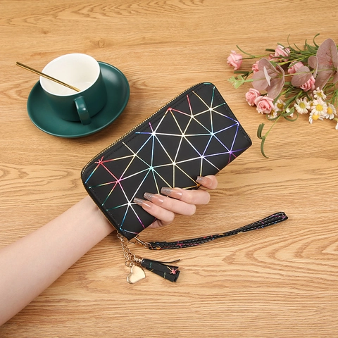 Holografisches Geometrisches Muster Damen Geldbörse PU Leder Laser Regenbogen Lange Clutch Mit Handgelenkschlaufe Quaste