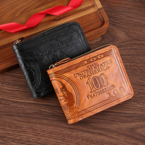 Men Retro PU Leather Zipper Wallet Vintage Hundred Dollar Bill Pattern Embossed Short Purse Multi Card Slots ID Window