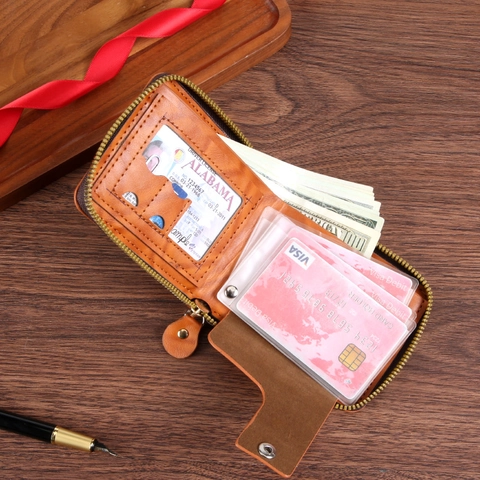 Men Retro PU Leather Zipper Wallet Vintage Hundred Dollar Bill Pattern Embossed Short Purse Multi Card Slots ID Window
