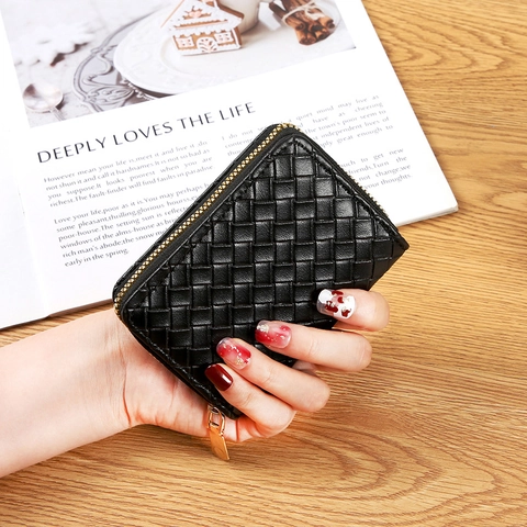 Woven PU Leather Accordion Card Holder Wallet Multi Slot Zip Around Credit Card Case Portable Minimalist Pocket Organizer