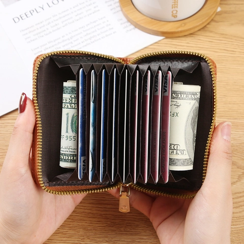 Woven PU Leather Accordion Card Holder Wallet Multi Slot Zip Around Credit Card Case Portable Minimalist Pocket Organizer