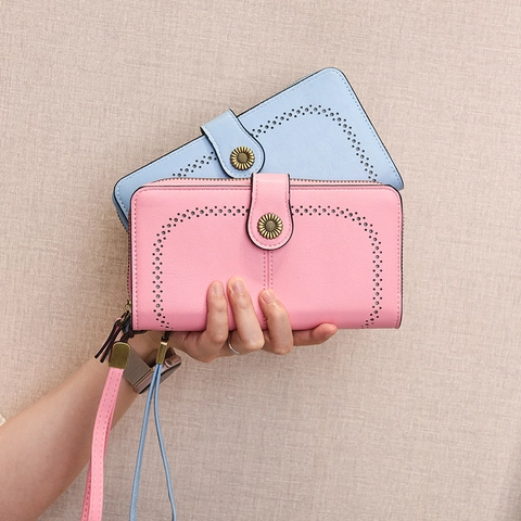 Damen Lange Geldbörse PU Leder Ausgehöhlt Sonnenblume Metallschnalle Reißverschluss Clutch Mit Handschlaufe Retro Groß