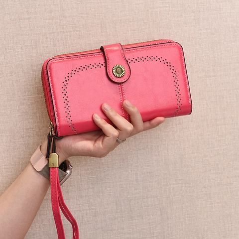 Damen Geldbörse Lang PU Leder Sonnenblume Schnalle Hohl Design Handgelenktasche Elegant Mode Mehrere Kartenfächer Reißverschluss