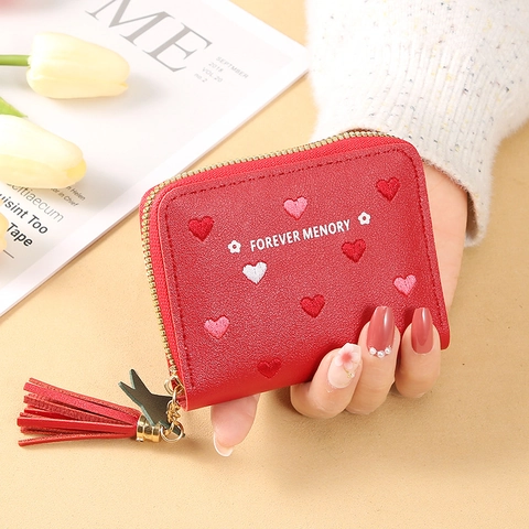 Petit Portefeuille Femme Cuir PU Broderie Coeur Fermeture Éclair Porte-Monnaie Avec Gland Pendentif Étoile Style Coréen