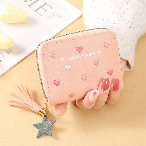 Women Short Wallet PU Leather Heart Embroidery Tassel Star Charm Zipper Multi-Functional Sweet Style Purse