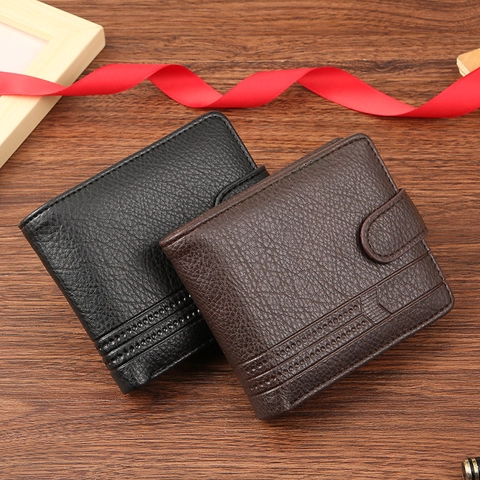 Herren Geldbörse PU Leder Bifold Lychee Muster Mit Schnallenverschluss Und Münzfach Business Casual Portemonnaie