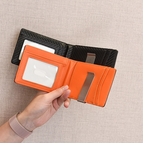 Portafoglio Bifold Uomo Sottile Trama Fibra Di Carbonio Con Fermasoldi Protezione RFID Finestra ID Business