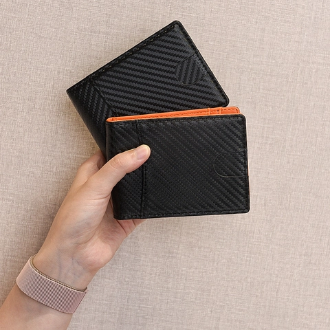 Portafoglio Bifold Uomo Sottile Trama Fibra Di Carbonio Con Fermasoldi Protezione RFID Finestra ID Business