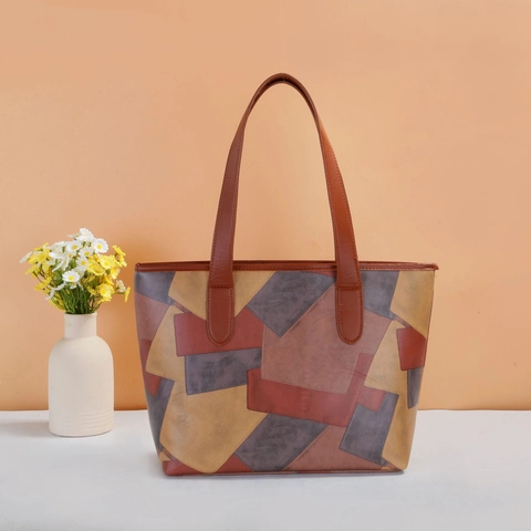 Geometrische Patchwork Dames Tote Tas PU Leer Grote Capaciteit Retro Casual Schoudertas Met Ritssluiting