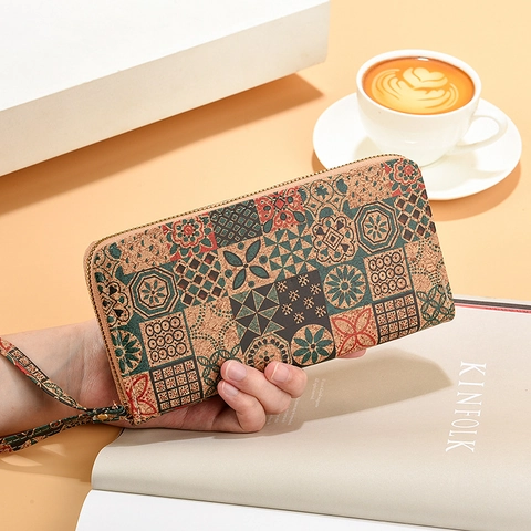 Damen Langes Portemonnaie Korkmuster PU Leder Reißverschluss Clutch Handgelenktasche Große Kapazität Ethnisch Blumendruck