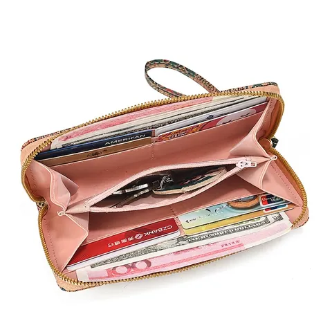 Damen Langes Portemonnaie Korkmuster PU Leder Reißverschluss Clutch Handgelenktasche Große Kapazität Ethnisch Blumendruck