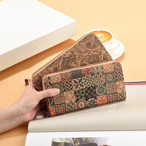 Damen Geldbörse Lang PU Leder Holzmaserung Reißverschluss Handschlaufe Retro Ethno Muster Mandala Paisley Clutch