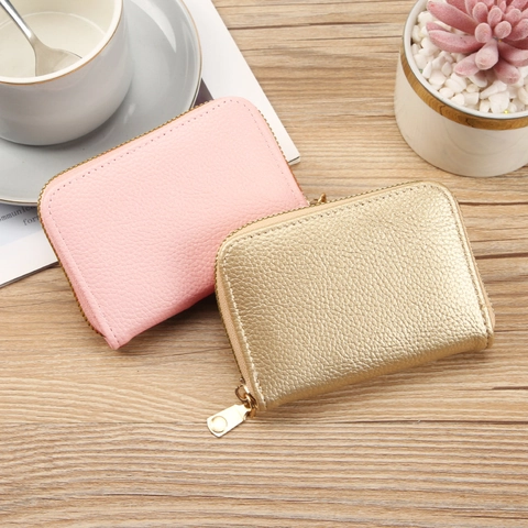 Litchi Pattern PU Leather Accordion Card Holder Multi Slot Anti-demagnetization Zipper Wallet Mini Credit Card Case