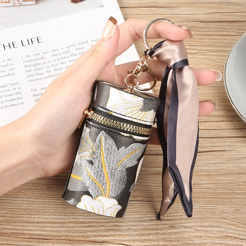Chinese Style Floral Embroidery Mini Lipstick Bag With Silk Scarf Keychain Elegant Cylinder Coin Purse Pouch For Women Daily