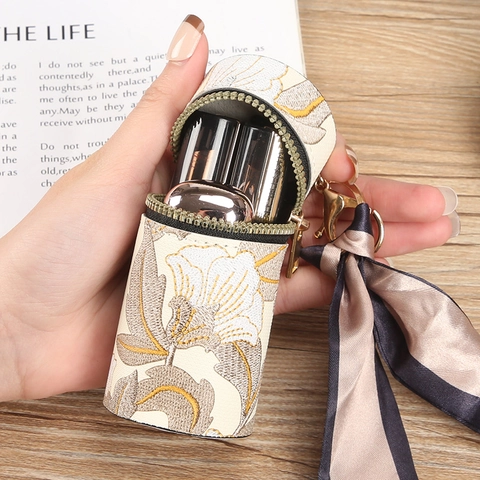Chinese Style Floral Embroidery Mini Lipstick Bag With Silk Scarf Keychain Elegant Cylinder Coin Purse Pouch For Women Daily