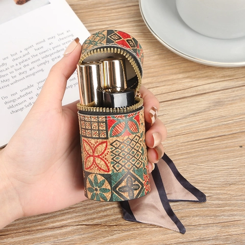 Vintage Bohemian Paisley Pattern Cylindrical Lipstick Case Mini Bag Pendant With Satin Scarf Decor PU Leather Coin Purse