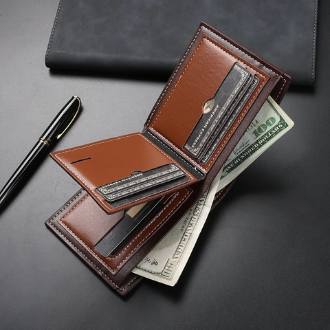 Herren Geldbörse Bifold Kurz PU Leder Minimalistisch Business Portemonnaie Mit Reißverschlussfach Kartenfächer