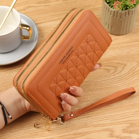 Lange Portemonnee Voor Dames Dubbele Rits Clutch PU Leer Grote Capaciteit Gewatteerd Geborduurd Met Afneembare Polsband