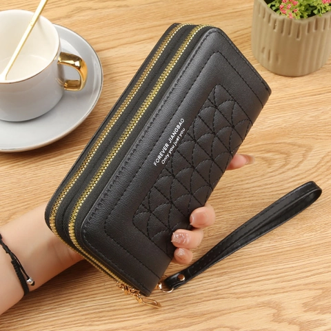 Damen Geldbörse Lang Doppel Reißverschluss PU Leder Gesteppt Große Kapazität Handtasche Mit Handschlaufe Elegant