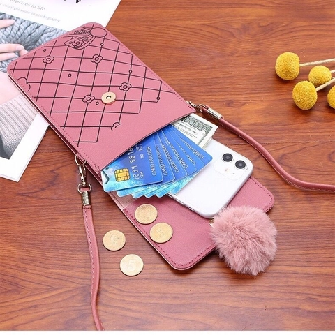 Sac Bandoulière Femme En Cuir PU Pour Téléphone Portable Motif Chat Dessin Animé Fenêtre Tactile Pompon Réglable Pochette Épaule