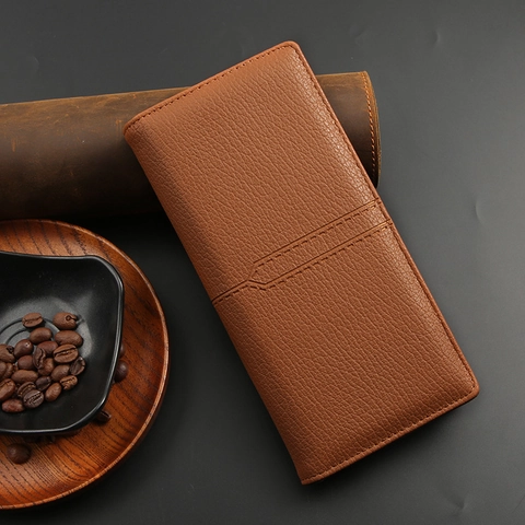 Mens Long Wallet PU Leather Litchi Pattern Business Multi Card Slots Zipper Pocket Phone Holder Solid Color