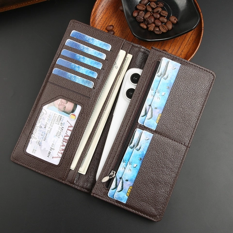 Mens Long Wallet PU Leather Litchi Pattern Business Multi Card Slots Zipper Pocket Phone Holder Solid Color