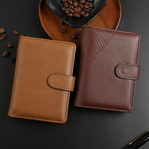 Herren Brieftasche PU Leder Trifold Kartenfächer Ausweisfenster Business Vintage Geldbeutel Mit Druckknopf Verschluss
