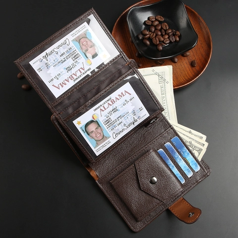 Herren Brieftasche PU Leder Trifold Kartenfächer Ausweisfenster Business Vintage Geldbeutel Mit Druckknopf Verschluss