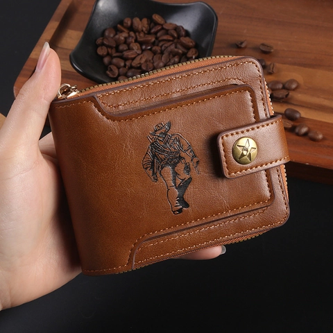 Herren Geldbörse Kurz PU Leder Reißverschluss Cowboy Prägung Vintage Kartenhalter Stern Schnalle Business Casual