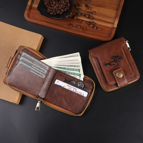 Herren Geldbörse Kurz PU Leder Reißverschluss Cowboy Prägung Vintage Kartenhalter Stern Schnalle Business Casual